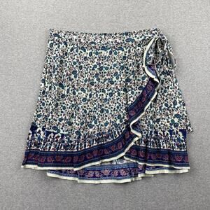 BILA Wrap Mini Skirt Large Blue Paisley Floral Western Cowgirl Lightweight Boho